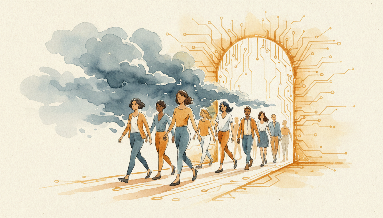 Watercolour illustration of people walking through a glowing circuitry doorway into warm light