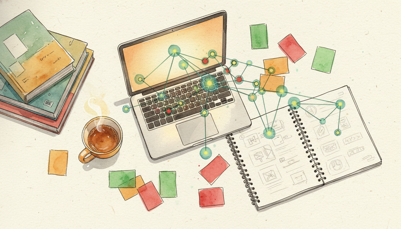 Watercolour illustration of a study desk with flashcards and neural network lines