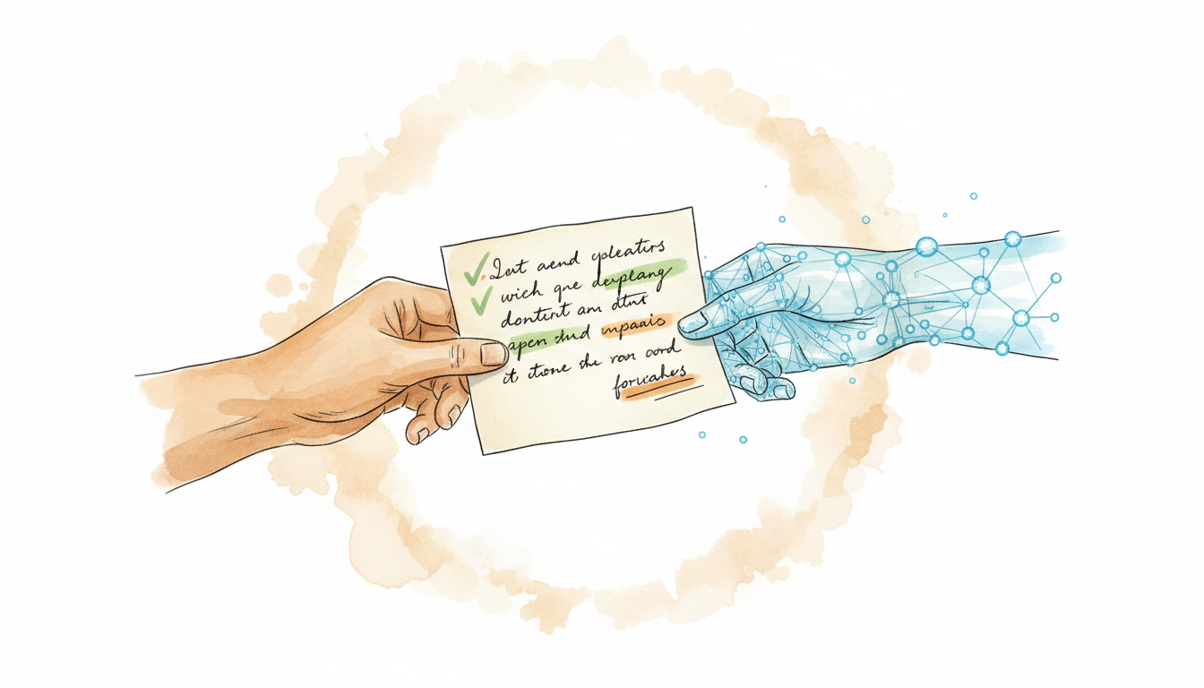 Watercolour illustration of a human hand and digital wireframe hand exchanging annotated paper