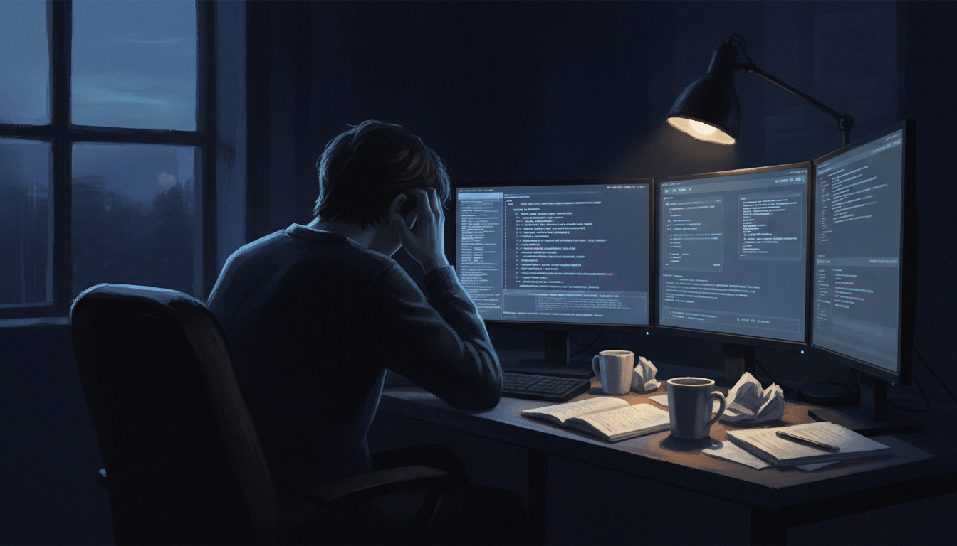 Moody painting of a person working at a desk late at night lit by glowing screens