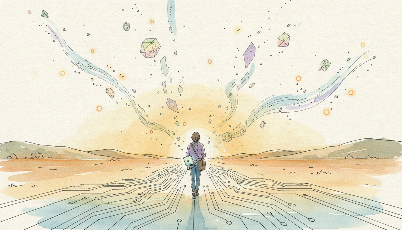 Watercolour illustration of a person on a glowing circuitry path toward a golden horizon