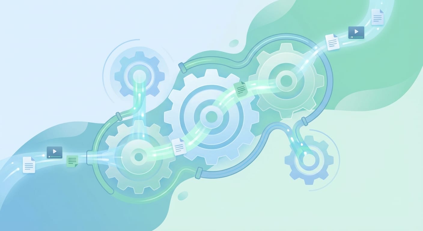 Minimalist blue and teal illustration of interconnected gears with document and video icons flowing through glowing pipes. Generated by Google Imagen (Nano Banana).