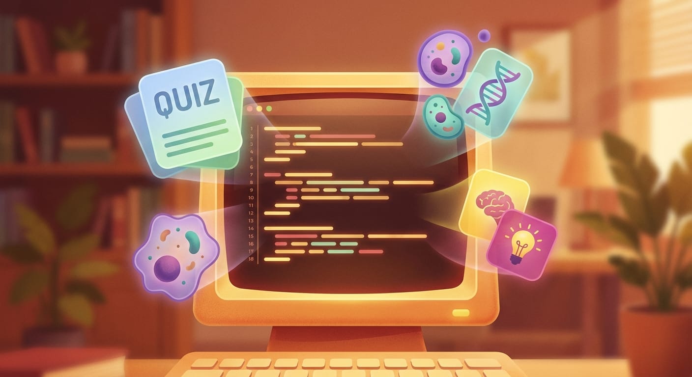 Warm illustration of a computer displaying code with quiz cards, biology cells, DNA, and brain icons floating from the screen. Generated by Google Imagen (Nano Banana).
