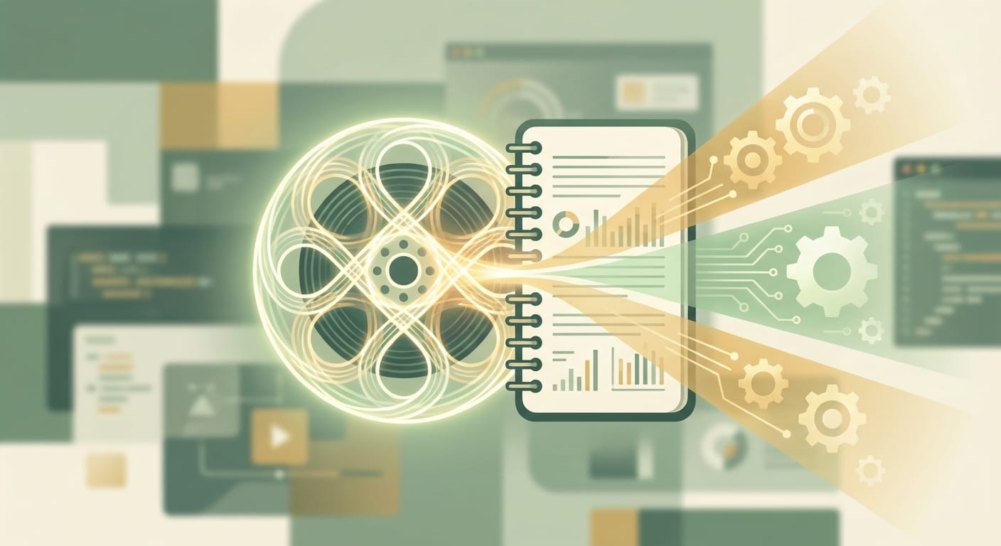 Green and gold illustration of a film reel merging with a spiral notebook, golden light beams emanating into circuit patterns. Generated by Google Imagen (Nano Banana).