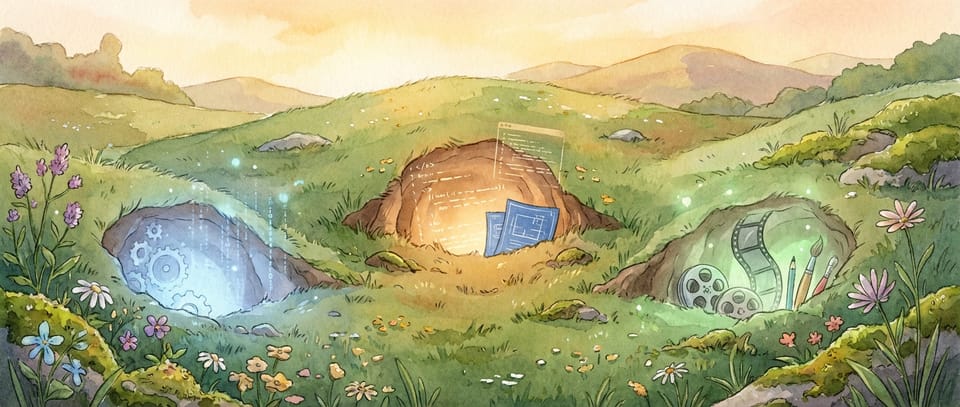 Watercolour illustration of three glowing rabbit holes in a grassy hillside, each revealing automation gears, a code editor, and a film reel. Generated by Google Imagen (Nano Banana).